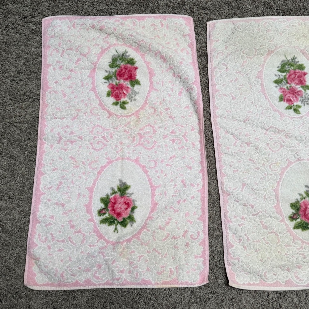 70s Vintage Cannon Royal Family 6pc Towel Set‎ Pink Rose Floral Cotton White - Picture 7 of 12